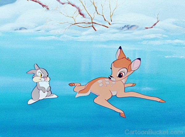 Bambi And Thumper Sitting On Snow Lake