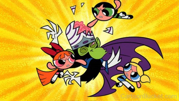 Buttercup,Blossom And Bubbles Hitting Mojo Jojo-we120