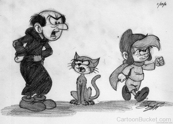 Drawing Of Azrael,Gargamel And Scruple-kil820