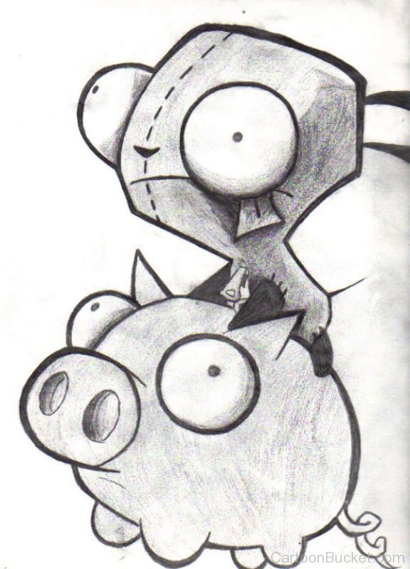 Pencil Sketch Of GIR And Pig-plu252