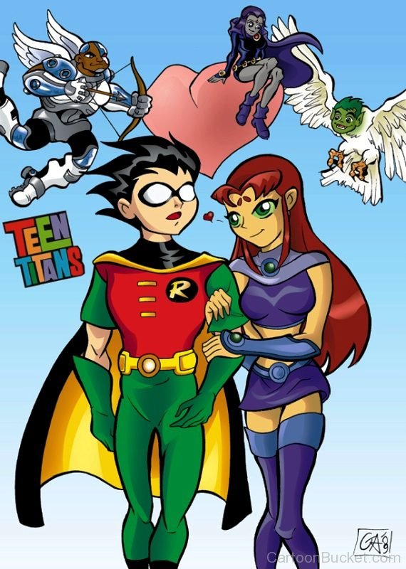 Starfire And Robin With Teen Titans Heros